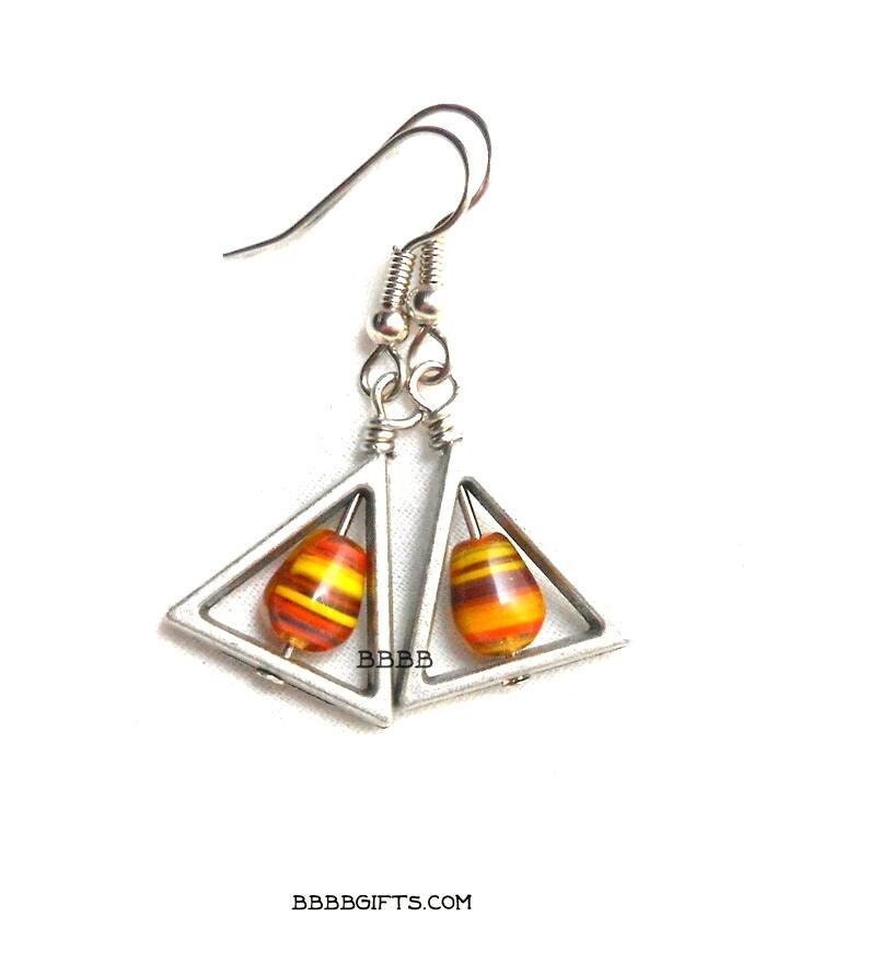 Indian Corn Inspired Beaded Earrings : Steel Earwires • Teardrop, Horizontal Stripes, Lampwork Beads • Triangle. Gift Boxed