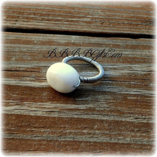 Size 8.5 | White Jasper | Chunky Rock Ring : 4mm Steel Coil Wrapped Band • Rounded Nugget Statement Piece. Gift Boxed