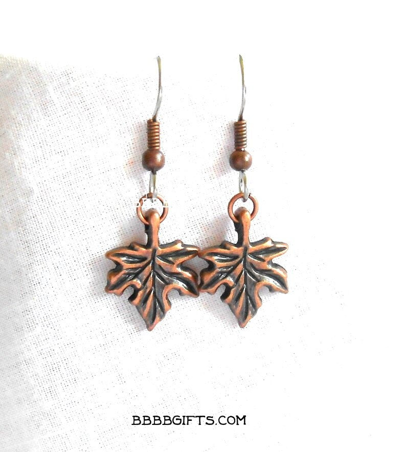 Maple Leaf Charm Earrings : Steel Earwires • Antiqued Silver,Gold,Copper Options. Gift Boxed