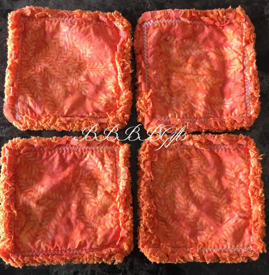 4 - 4.5" | Leaves Batik Rag Quilt Coaster Set : Reversible • Candle/Soap/Table Mat • Orange • Multi Shades . Cotton Fabric