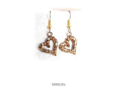 Brown/Gold | Open Heart Charm Earrings : Steel Earwires • Enamel • Hand Painted • Glitter/Sparkle Design. Gift Boxed