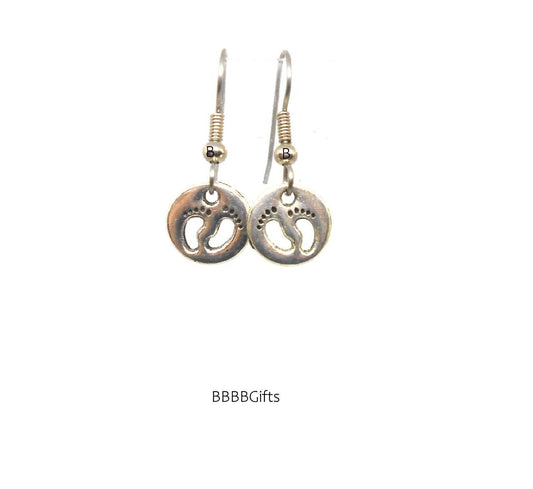 Footprints Coin Charm Earrings : Steel Earwires • Antiqued Silver Design. Gift Boxed