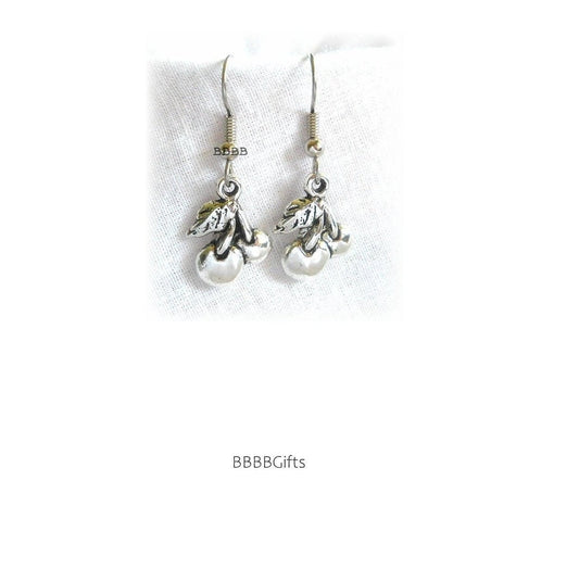 Cherry Charm Earrings : Steel Earwires • Antiqued Silver Design . Gift Boxed