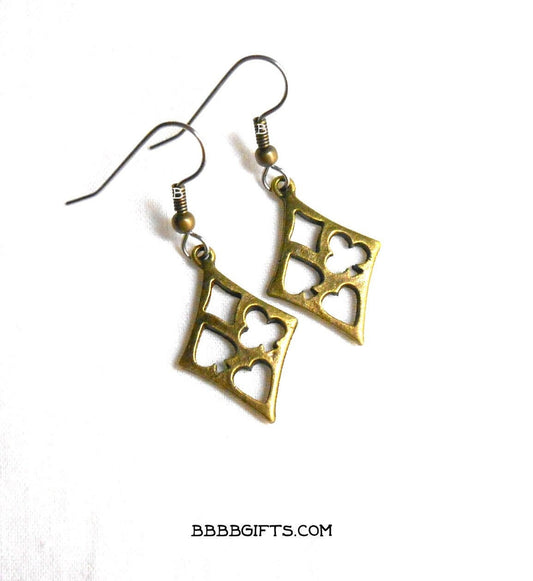 Card Suits Diamond Charm Earrings • Bronzed • Steel Earwires. Gift Boxed