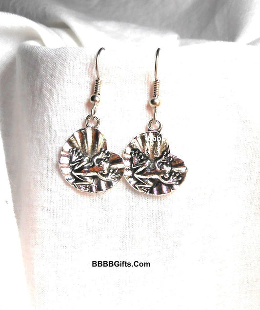 Frog Lotus Leaf Charm Earrings : Steel Earwires • Antiqued Silver Design. Gift Boxed