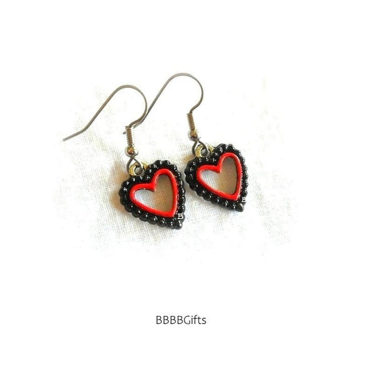Black/Orange | Open Heart Charm Earrings • Steel Earwires • Enamel. Gift Boxed