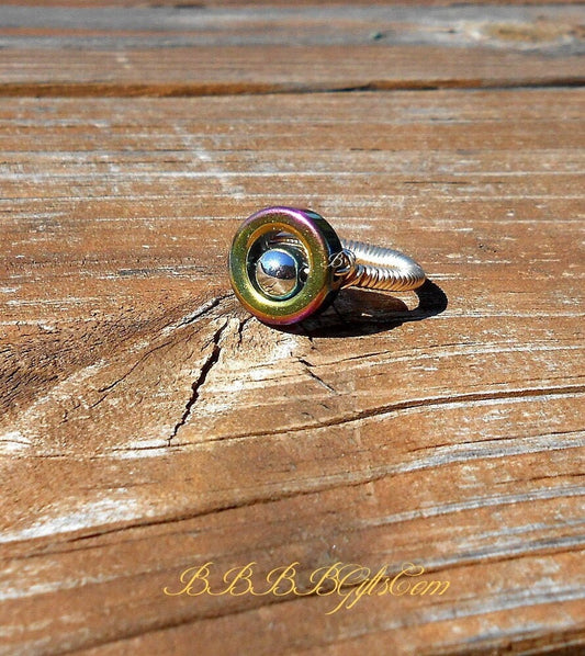 Size 6.5 | Aurora Borealis Beaded Ring : Gold Tone Wire Wrapped Coil Band • Statement / Stackable. Gift Boxed