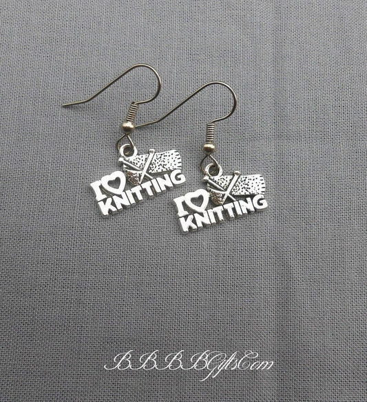 I Heart Knitting Charm Earrings: Steel Earwires • Antiqued Silver Design. Gift Boxed