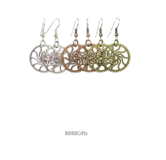 Gear Charm Earrings : Steel Earwires • Antiqued Silver/Copper/Bronze Design Option. Gift Boxed