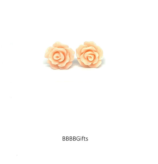 10mm | Light Peach | Rose Stud Earrings : Steel Posts/Acrylic Cabs. Gift Boxed