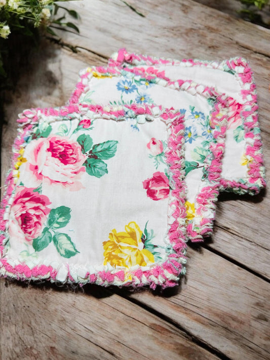 3 - 6" | Sweet Rose Rag Quilt Coaster Set No.6 : Cotton/Flannel Cotton •Reversible •5 Layers • Fabric From Shabby Country & Cloth Collection