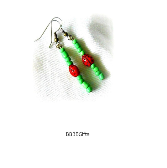 Lady Bug Stack Beaded Earrings : Steel Earwires • Red/Green Glass Beads • Antiqued Bronze Accents. Gift Boxed