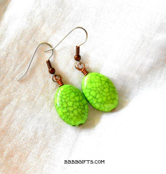 Light Green | Beaded Earrings • Steel Earwires  • Crackle/Acrylic Beads  • Antiqued Copper Findings  • Lightweight. Gift Boxed