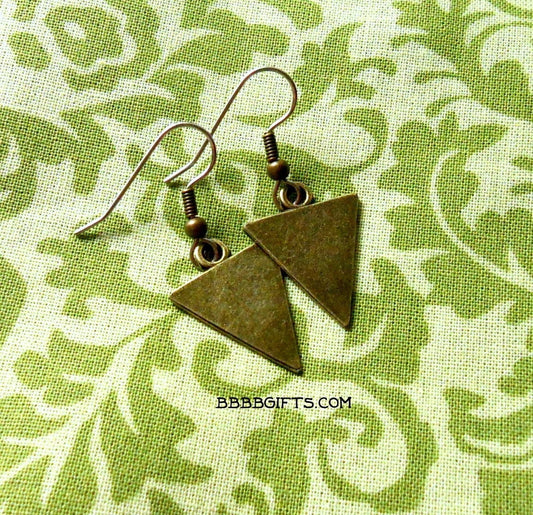 Bronzed Triangle Charm Earrings : Steel Earwires. Gift Boxed