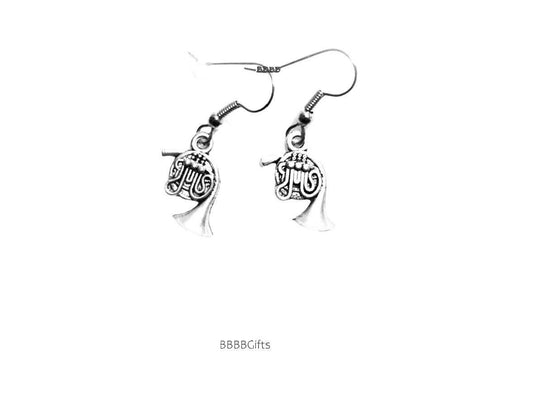 French Horn Instrument Charm Earrings : Steel Earwires • Antiqued Silver Design. Gift Boxed