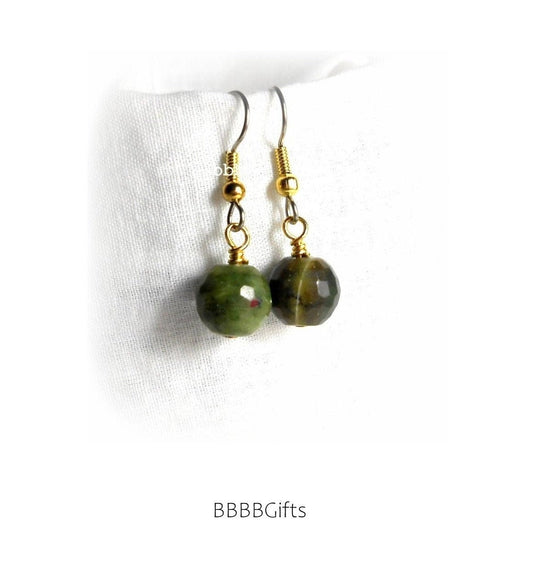 Green Jade Beaded Earrings : Steel Earwires • 10mm Gemstone Beads/Gold Plated Accents. Gift Boxed