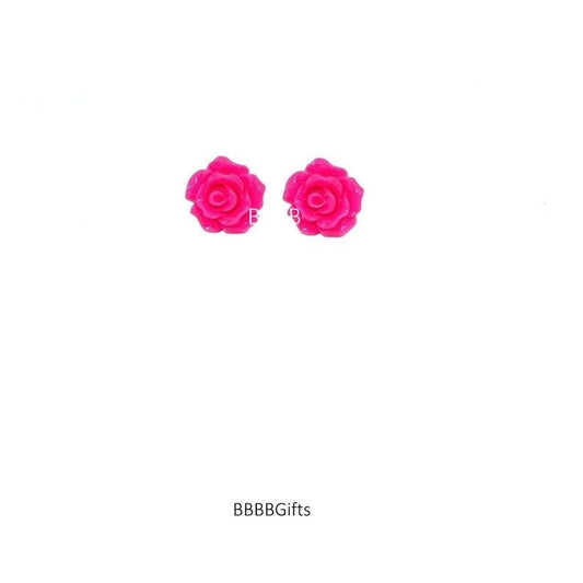 10mm | Hot Pink | Rose Stud Earrings : Steel Posts/Acrylic Cabs. Gift Boxed
