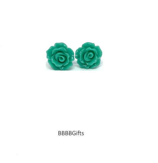 10mm | Teal Green | Rose Stud Earrings : Steel Posts/Acrylic Cabs. Gift Boxed