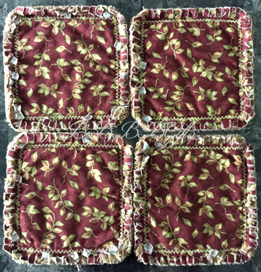 4 - 4.5" | Maroon Maple Red/Olive Leaves Rag Quilt Coasters : Reversible • Candle/Soap/Table Mat Cotton Fabric