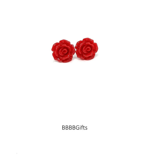 10mm | Red | Rose Stud Earrings : Steel Posts/Acrylic Cabs. Gift Boxed