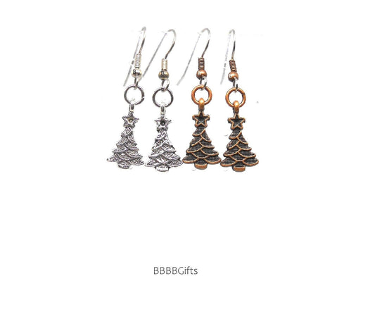 Christmas Pine Tree Charm Earrings : Steel Earwires • Antiqued Silver/Copper Design Options • Gift Boxed
