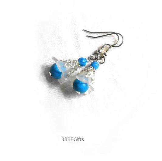 Frost White/Blue | Flower Earrings : Steel Earwires • Acrylic/Metal/Turquoise Howlite Gemstone Beads • Bright Silver Accents . Gift Boxed