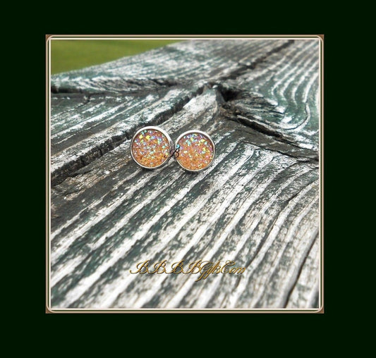 10mm | Yellow AB | Druzy Stud Earrings : Steel Bezel Posts/Acrylic Cabs. Gift Boxed