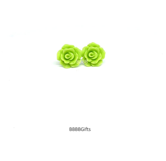 10mm | Key Lime Green | Rose Stud Earrings : Steel Posts/Acrylic Cabs. Gift Boxed