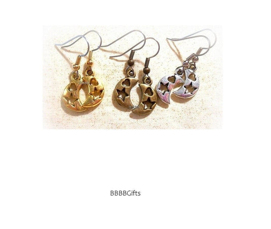 Crescent Moon/Heart/Star Charm Earrings : Steel Earwires • Antiqued Gold/Bronze/Silver Options.Gift Boxed