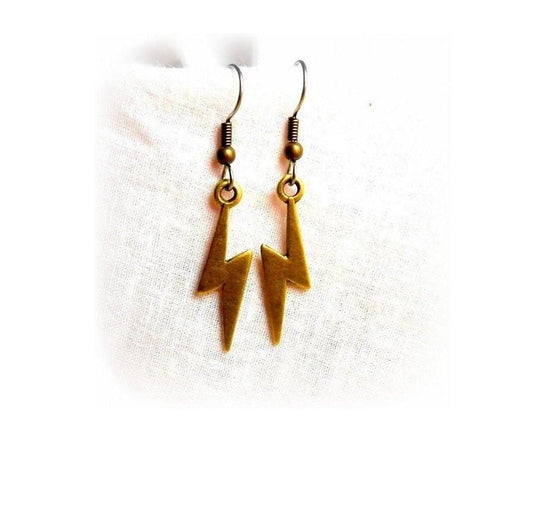Lightening Bolt Charm Earrings • Steel Earwires • Antiqued Bronze Design . Gift Boxed