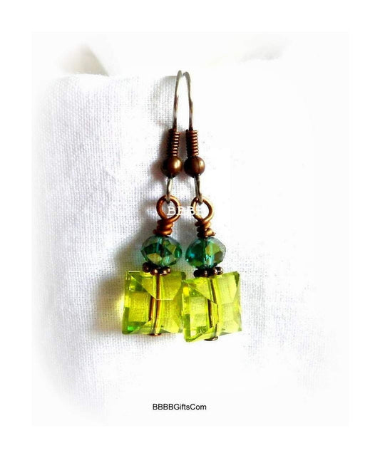 Green | Beaded Earrings : Steel Earwires • Crystal/Acrylic/Metal Beads • Antiqued Copper Accents. Gift Boxed