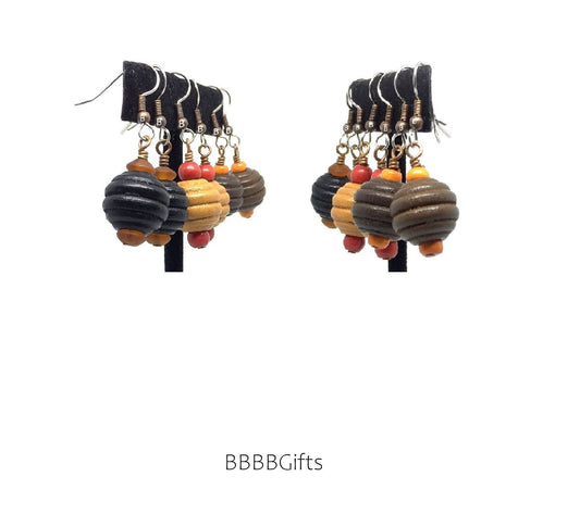 Autumn Collection | 15mm Wood Beaded Earrings : Steel Earwires • Antiqued Copper Accents • Lightweight. Gift Boxed