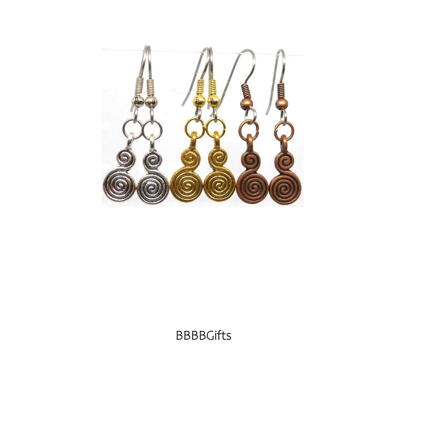 Double Spiral Charm Earrings : Steel Earwires • Antiqued Silver/Gold/Copper Design Options. Gift Boxed