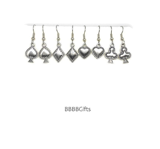 A Full Suit Charm Earrings : Steel Earwires • Suit of Spades/Suit of Diamonds/Suit of Hearts/Suit of Clubs/Cards/Game. Gift Boxed