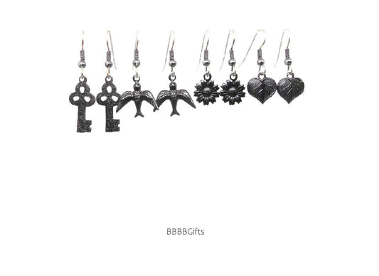 Matte Black | Key/Bird/Sunflower/Heart Charm Earrings : Steel Earwires • Vintaj • Blackened Design Options. Gunmetal . Gift Boxed