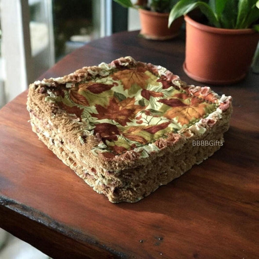 4 - 4.5" | Leaf Green Background| Leaf Pile Berries Rag Quilt Coasters: 5 Layers Cotton Fabric •Reversible•Candle/Soap/Table Mat