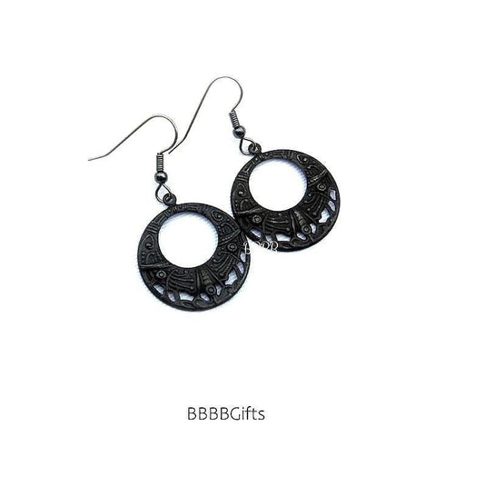 Black | Filigree Tapered Hoop Charm Earrings : Steel Earwires • Vintaj. Gunmetal . Gift Boxed