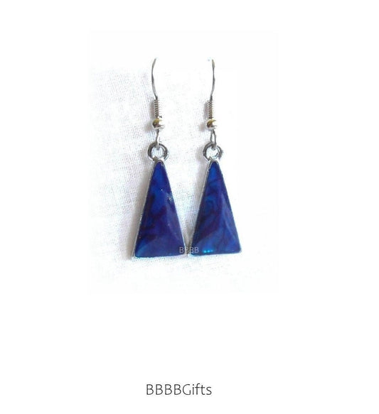 Dark Abalone Blue Triangle Charm Earrings : Steel Earwires. Gift Boxed