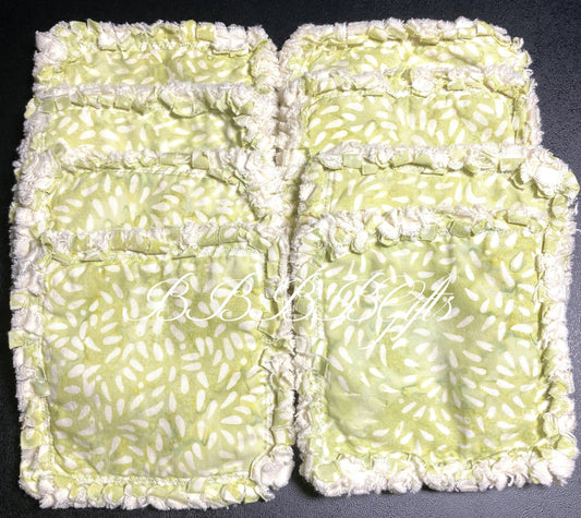 4 - 4.5" | Abstract Leaves Batik Rag Quilt Coaster Set : Reversible • Candle/Soap/Table Mat • Light Green/White . Cotton Fabric
