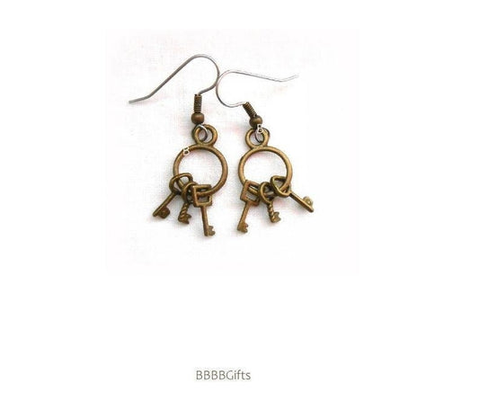 Key Ring Charm Earrings : Steel Earwires • Antique Bronze Design . Gift Boxed