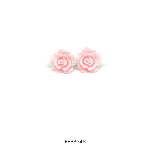 10mm | Light Pink | Rose Stud Earrings : Steel Posts/Acrylic Cabs. Gift Boxed