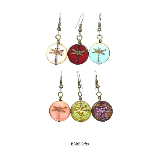Choose your Color | Dragonfly Beaded Earrings : Steel Earwires Option • Glass Coin Beads • Antiqued Bronze Design. Gift Boxed