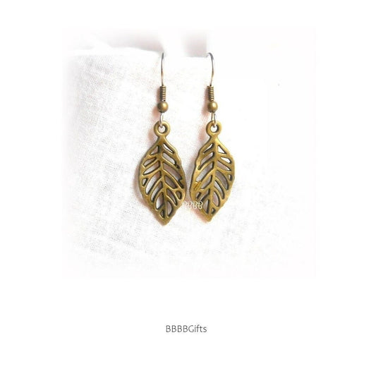 Leaf Charm Earrings : Steel Earwires • Antiqued Bronze/Filigree Design. Gift Boxed