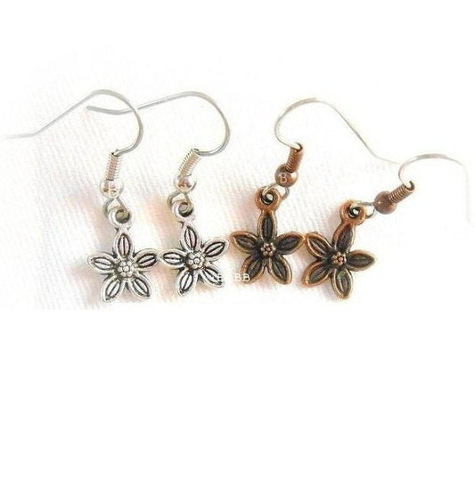 Jasmine Flower Charm Earrings : Steel Earwires • Antiqued Silver/Copper Design Options • Spring • Dangle/Drop • Gift Boxed
