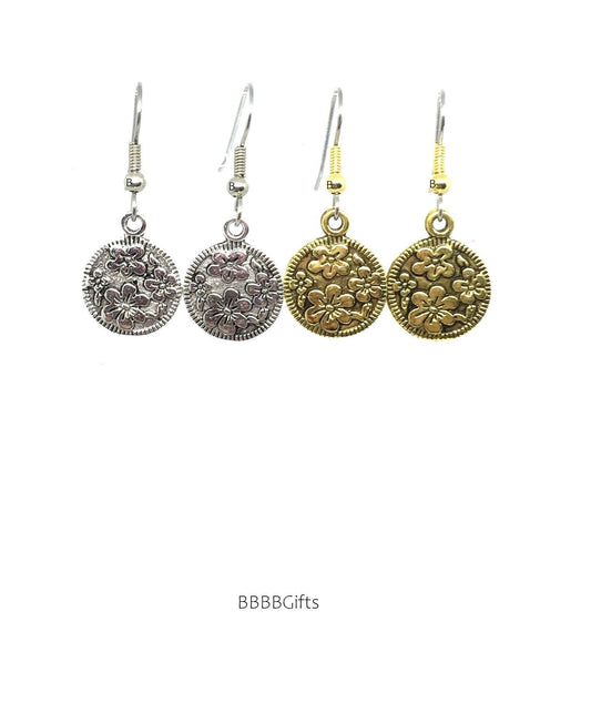 Hibiscus Flower Coin Charm Earrings : Steel Earwires • Antiqued Silver.Gold Options • Design Both Sides. Gift Boxed