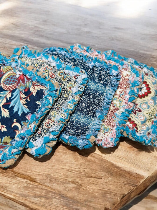 5 - 4.5" | Canterbury Rag Quilt Coaster Set : Reversible • Green • Candle/Soap/Table Mat . Cotton Fabric