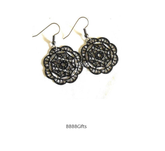 Black Filigree Flower Charm Earrings • Steel Earwires • Vintaj. Gunmetal . Gift Boxed