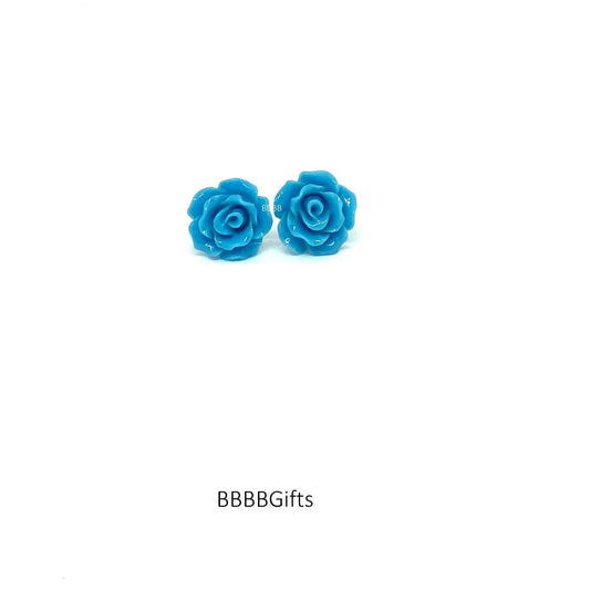 10mm | Light Blue | Rose Stud Earrings : Steel Posts/Acrylic Cabs. Gift Boxed