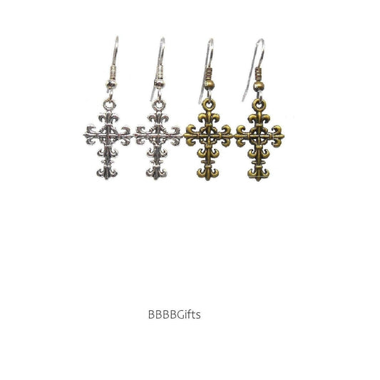 Cross Charm Earrings : Steel Earwires • Antiqued Silver/Bronze Design Options  • Fleur De Lis • Gift Boxed