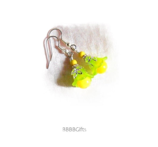 Frost Lime/Lemon | Flower Earrings : Steel Earwires • Acrylic/Metal/Quartz Beads • Bright Silver Accents . Gift Boxed